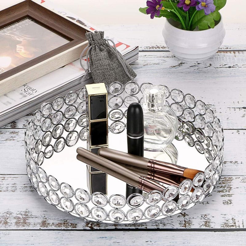 Hipiwe Crystal Make up Tray, Mirror Perfume Tray Bathroom Storage Trays Jewelry Trinket Trays Vanity Cosmetic Organizer Home Decor, Birthday Gift for Women(Round 9.8 Inch) - Image 2